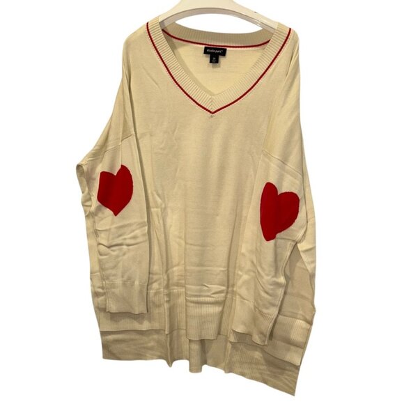 Studio Park NEW cream red heart elbow intarsia knit patches v neck sweater 2X - Picture 1 of 4